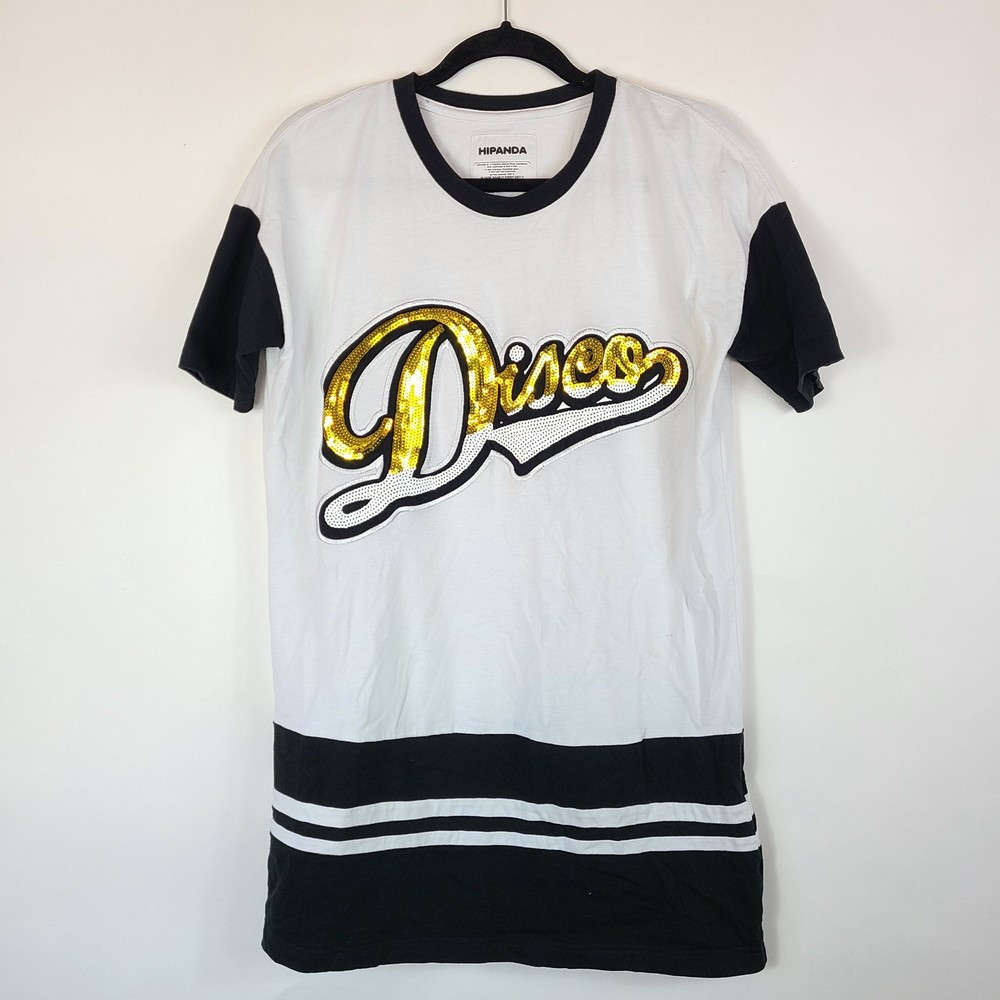 Hipanda White Black Disco Sequin Short Sleeve Dress Shirt Size M